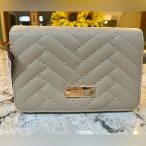 bebe Beige Sophia Small Quilted Chevron Crossbody with Gold Plaque